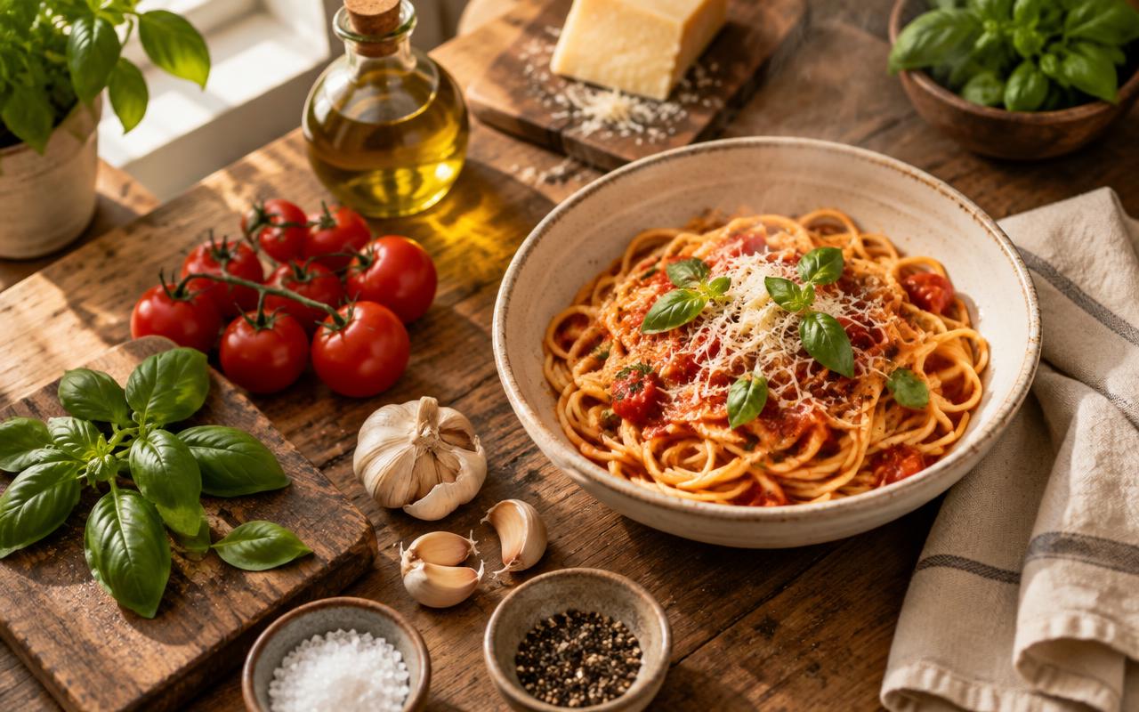 Overhead view of a rustic table with pasta, tomatoes, basil and olive oil