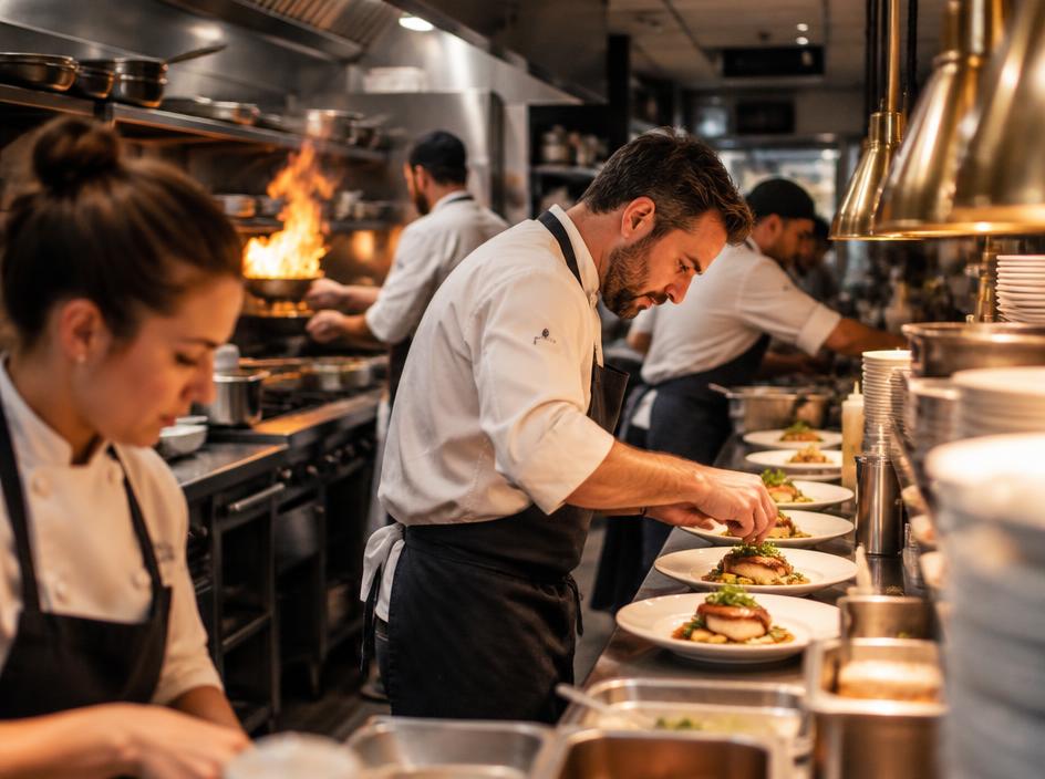 Chefs plating dishes at the pass during service
