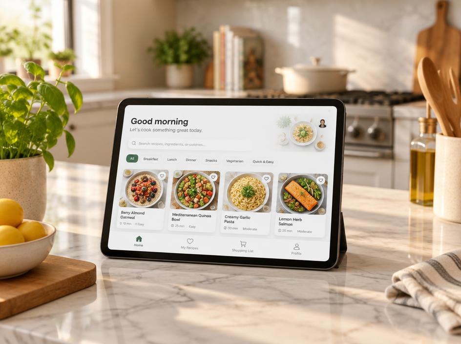 Tablet on a marble counter showing a clean recipe dashboard