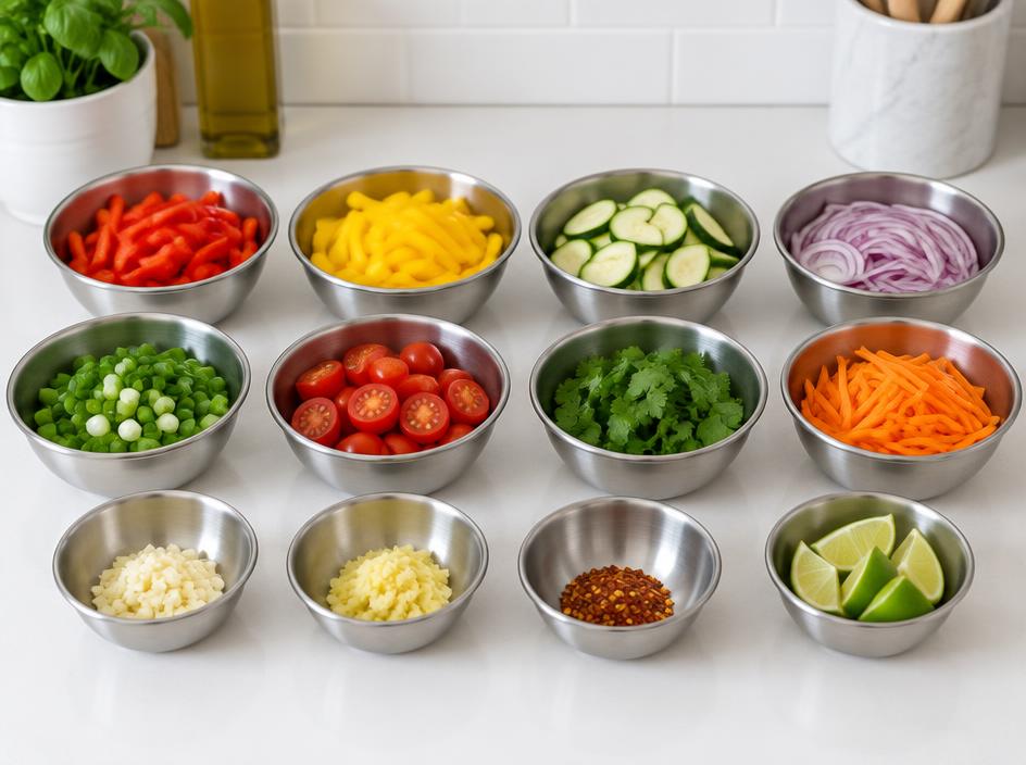Prepped vegetables arranged in steel bowls on a clean counter