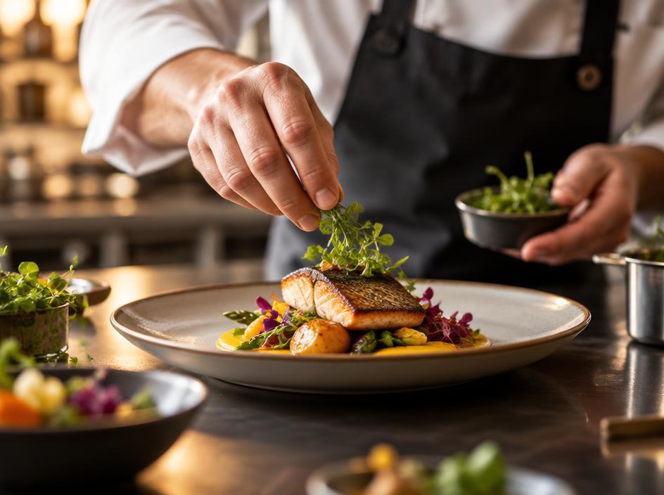 Chef garnishing a plated dish with fresh herbs